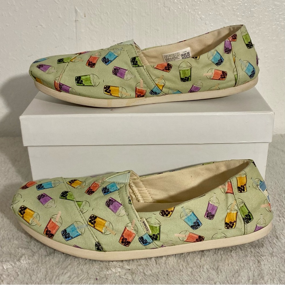 Toms Alpargata Green Matcha Boba Tea Printed Slip On Canvas Shoes Women’s Size 9 - Picture 2 of 10